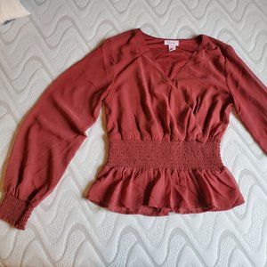 Burnt Orange Semi-Sheer Ruched V-neck Blouse